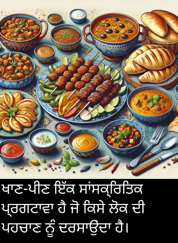 ਲੋਕ: ਖਾਣ-ਪੀਣ ਇੱਕ ਸਾਂਸਕ੍ਰਿਤਿਕ ਪ੍ਰਗਟਾਵਾ ਹੈ ਜੋ ਕਿਸੇ ਲੋਕ ਦੀ ਪਹਚਾਣ ਨੂੰ ਦਰਸਾਉਂਦਾ ਹੈ।