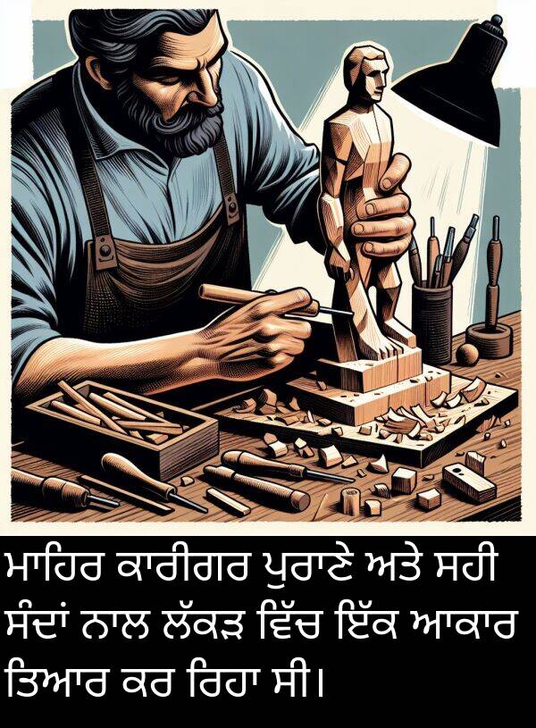 ਸਹੀ: ਮਾਹਿਰ ਕਾਰੀਗਰ ਪੁਰਾਣੇ ਅਤੇ ਸਹੀ ਸੰਦਾਂ ਨਾਲ ਲੱਕੜ ਵਿੱਚ ਇੱਕ ਆਕਾਰ ਤਿਆਰ ਕਰ ਰਿਹਾ ਸੀ।