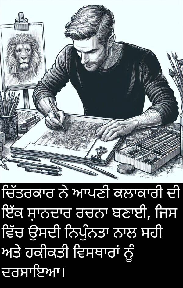 ਸਹੀ: ਚਿੱਤਰਕਾਰ ਨੇ ਆਪਣੀ ਕਲਾਕਾਰੀ ਦੀ ਇੱਕ ਸ਼ਾਨਦਾਰ ਰਚਨਾ ਬਣਾਈ, ਜਿਸ ਵਿੱਚ ਉਸਦੀ ਨਿਪੁੰਨਤਾ ਨਾਲ ਸਹੀ ਅਤੇ ਹਕੀਕਤੀ ਵਿਸਥਾਰਾਂ ਨੂੰ ਦਰਸਾਇਆ।
