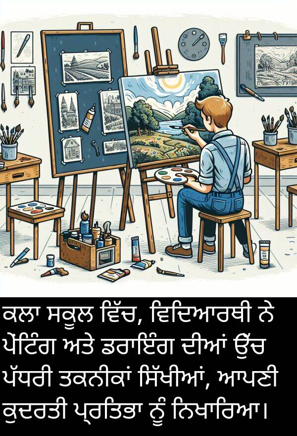 ਸਕੂਲ: ਕਲਾ ਸਕੂਲ ਵਿੱਚ, ਵਿਦਿਆਰਥੀ ਨੇ ਪੇਂਟਿੰਗ ਅਤੇ ਡਰਾਇੰਗ ਦੀਆਂ ਉੱਚ ਪੱਧਰੀ ਤਕਨੀਕਾਂ ਸਿੱਖੀਆਂ, ਆਪਣੀ ਕੁਦਰਤੀ ਪ੍ਰਤਿਭਾ ਨੂੰ ਨਿਖਾਰਿਆ।