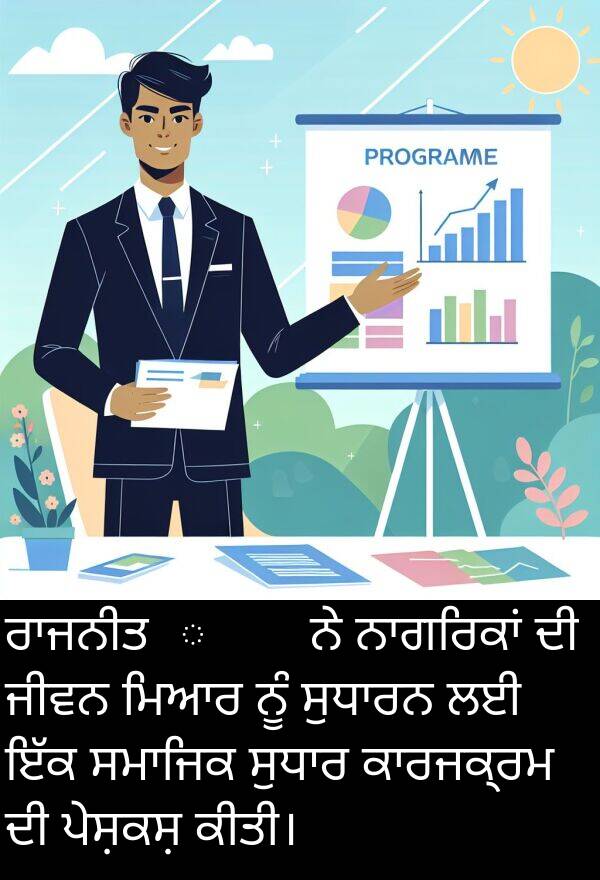 ਪੇਸ਼ਕਸ਼: ਰਾਜਨੀਤिज्ञ ਨੇ ਨਾਗਰਿਕਾਂ ਦੀ ਜੀਵਨ ਮਿਆਰ ਨੂੰ ਸੁਧਾਰਨ ਲਈ ਇੱਕ ਸਮਾਜਿਕ ਸੁਧਾਰ ਕਾਰਜਕ੍ਰਮ ਦੀ ਪੇਸ਼ਕਸ਼ ਕੀਤੀ।