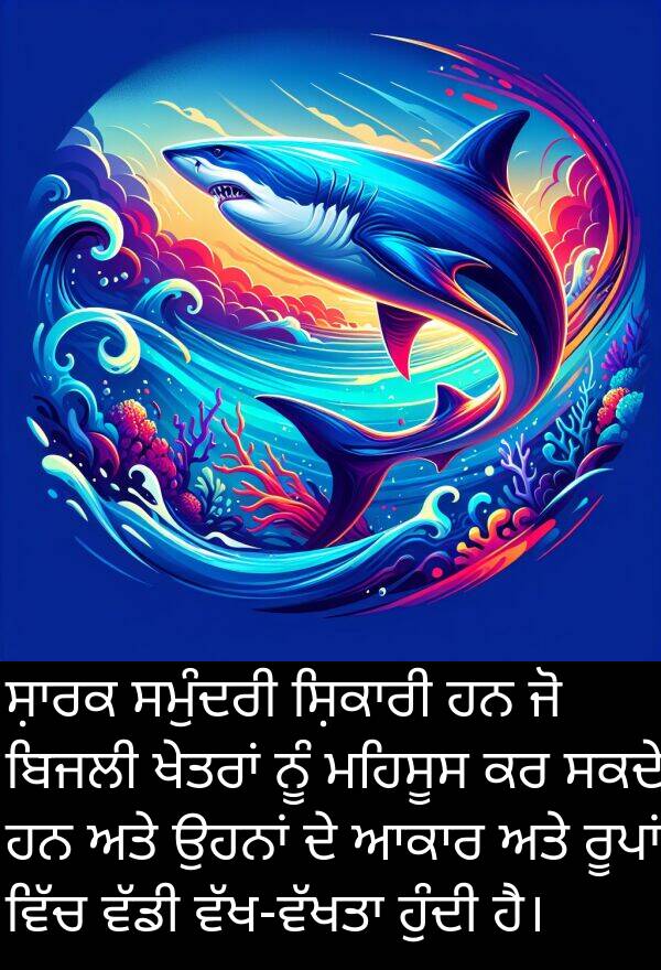 ਸਮੁੰਦਰੀ: ਸ਼ਾਰਕ ਸਮੁੰਦਰੀ ਸ਼ਿਕਾਰੀ ਹਨ ਜੋ ਬਿਜਲੀ ਖੇਤਰਾਂ ਨੂੰ ਮਹਿਸੂਸ ਕਰ ਸਕਦੇ ਹਨ ਅਤੇ ਉਹਨਾਂ ਦੇ ਆਕਾਰ ਅਤੇ ਰੂਪਾਂ ਵਿੱਚ ਵੱਡੀ ਵੱਖ-ਵੱਖਤਾ ਹੁੰਦੀ ਹੈ।