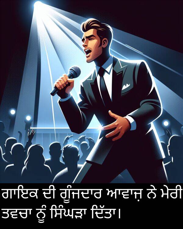 ਮੇਰੀ: ਗਾਇਕ ਦੀ ਗੂੰਜਦਾਰ ਆਵਾਜ਼ ਨੇ ਮੇਰੀ ਤਵਚਾ ਨੂੰ ਸਿੰਘੜਾ ਦਿੱਤਾ।