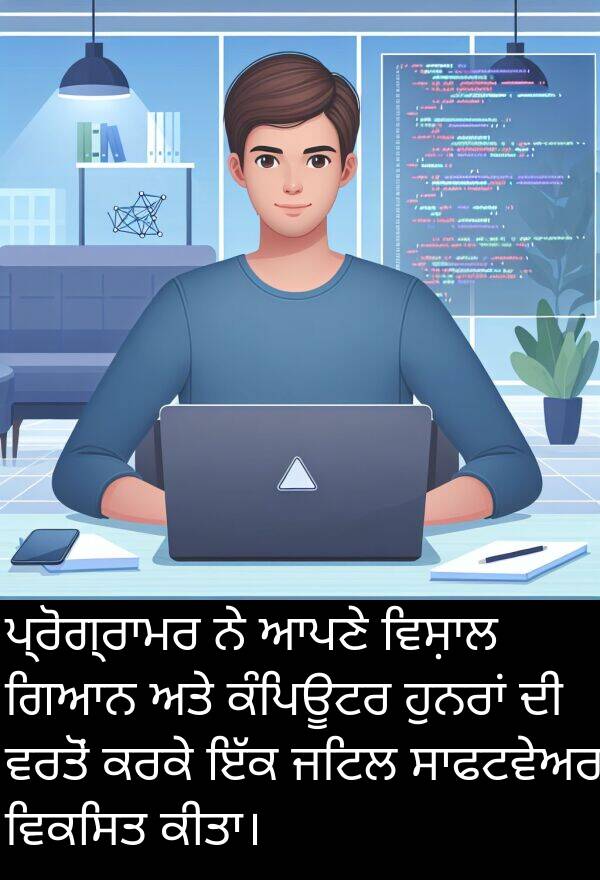 ਕੰਪਿਊਟਰ: ਪ੍ਰੋਗ੍ਰਾਮਰ ਨੇ ਆਪਣੇ ਵਿਸ਼ਾਲ ਗਿਆਨ ਅਤੇ ਕੰਪਿਊਟਰ ਹੁਨਰਾਂ ਦੀ ਵਰਤੋਂ ਕਰਕੇ ਇੱਕ ਜਟਿਲ ਸਾਫਟਵੇਅਰ ਵਿਕਸਿਤ ਕੀਤਾ।