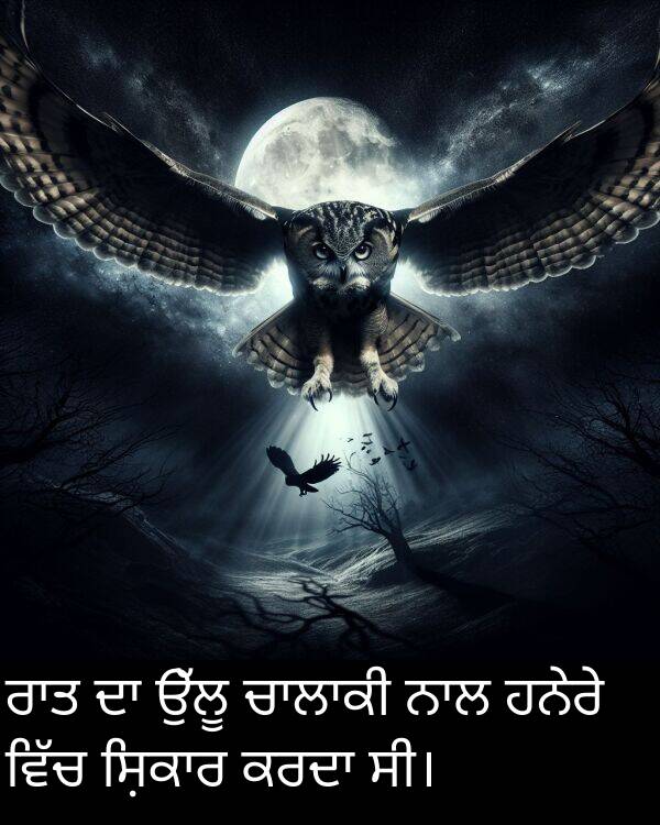 ਹਨੇਰੇ: ਰਾਤ ਦਾ ਉੱਲੂ ਚਾਲਾਕੀ ਨਾਲ ਹਨੇਰੇ ਵਿੱਚ ਸ਼ਿਕਾਰ ਕਰਦਾ ਸੀ।
