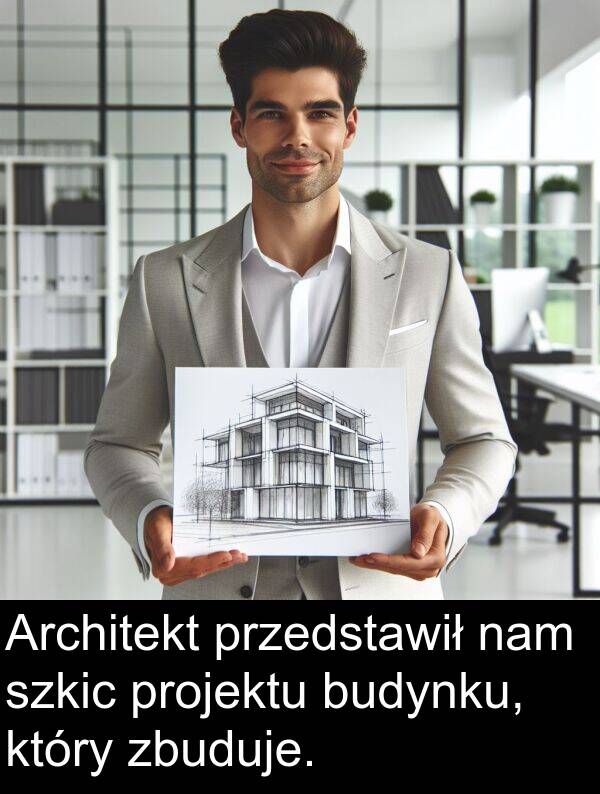 przedstawił: Architekt przedstawił nam szkic projektu budynku, który zbuduje.