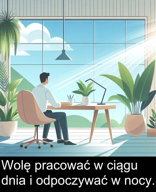 pracować: Wolę pracować w ciągu dnia i odpoczywać w nocy.