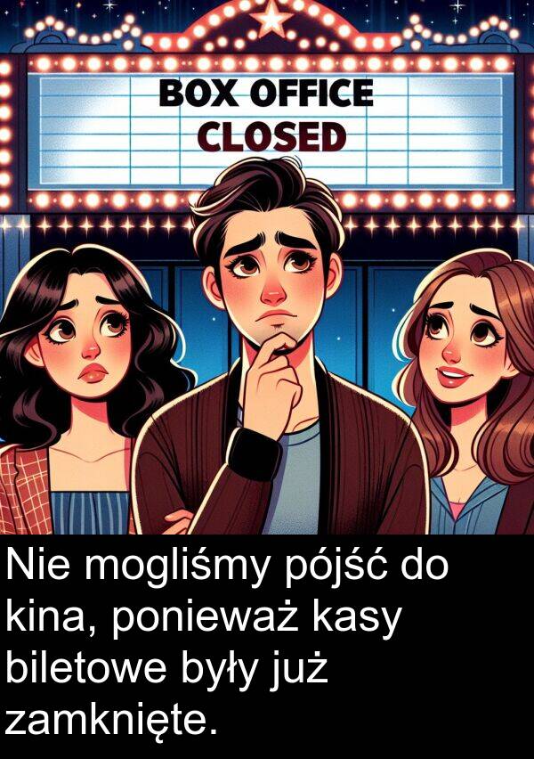 mogliśmy: Nie mogliśmy pójść do kina, ponieważ kasy biletowe były już zamknięte.