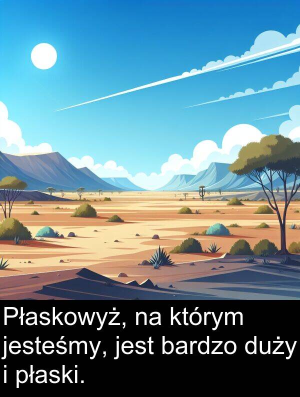 płaski: Płaskowyż, na którym jesteśmy, jest bardzo duży i płaski.