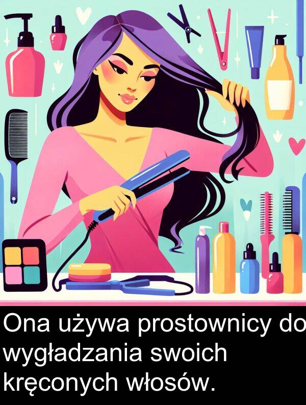 prostownicy: Ona używa prostownicy do wygładzania swoich kręconych włosów.