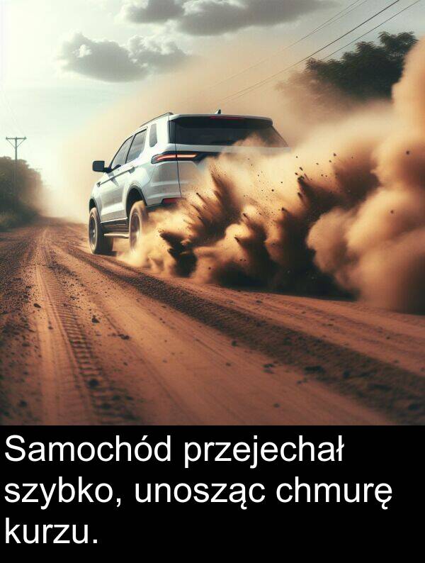 przejechał: Samochód przejechał szybko, unosząc chmurę kurzu.