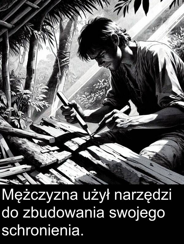 zbudowania: Mężczyzna użył narzędzi do zbudowania swojego schronienia.