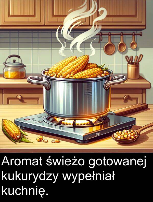 gotowanej: Aromat świeżo gotowanej kukurydzy wypełniał kuchnię.