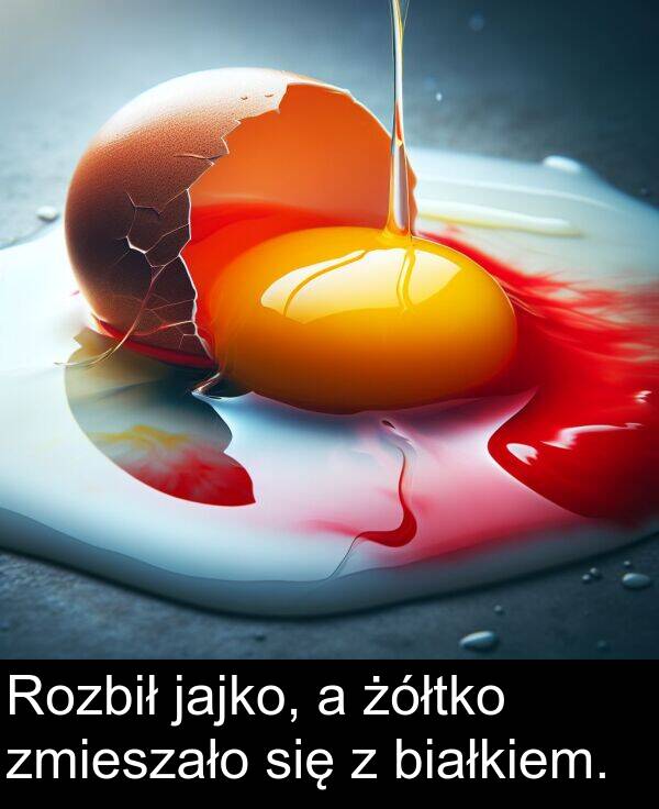 zmieszało: Rozbił jajko, a żółtko zmieszało się z białkiem.