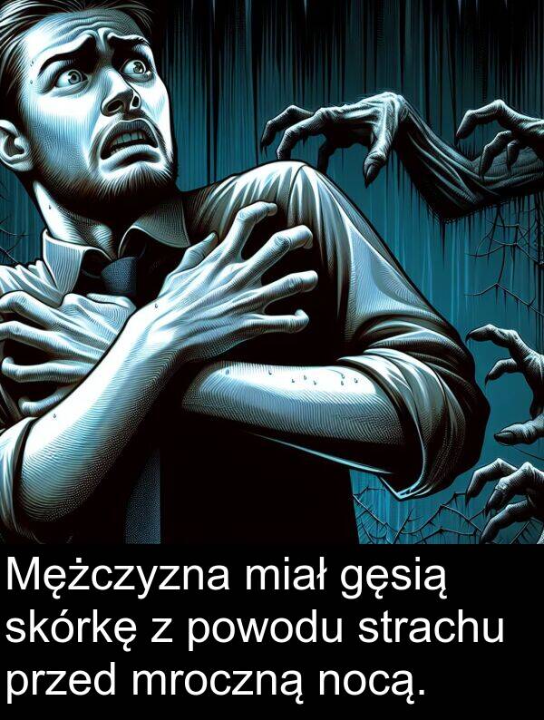 przed: Mężczyzna miał gęsią skórkę z powodu strachu przed mroczną nocą.