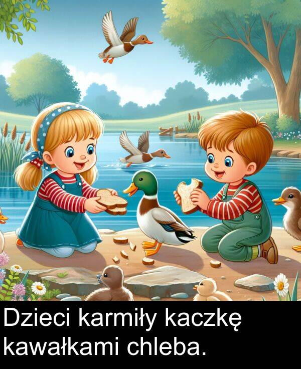 karmiły: Dzieci karmiły kaczkę kawałkami chleba.