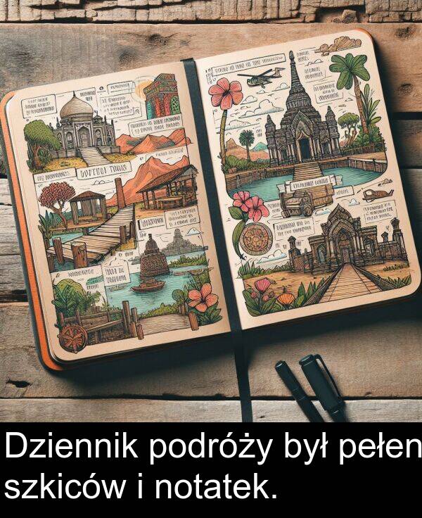 pełen: Dziennik podróży był pełen szkiców i notatek.