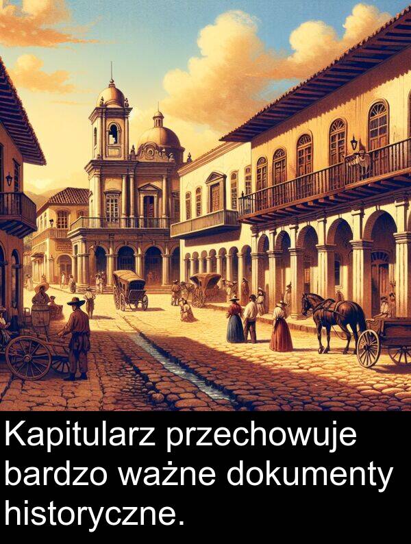 przechowuje: Kapitularz przechowuje bardzo ważne dokumenty historyczne.