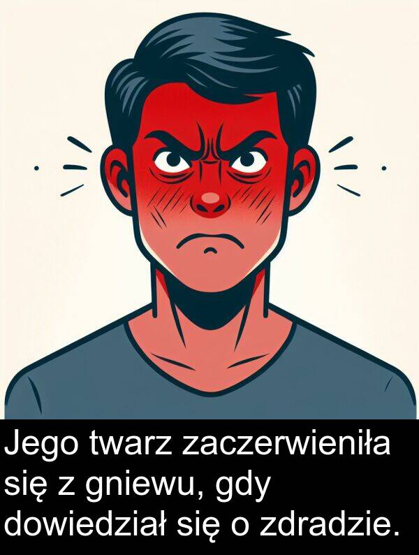 zdradzie: Jego twarz zaczerwieniła się z gniewu, gdy dowiedział się o zdradzie.