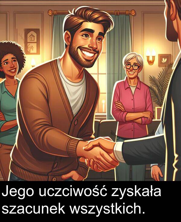 zyskała: Jego uczciwość zyskała szacunek wszystkich.