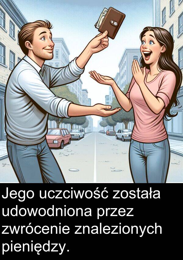 pieniędzy: Jego uczciwość została udowodniona przez zwrócenie znalezionych pieniędzy.