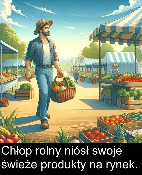 produkty: Chłop rolny niósł swoje świeże produkty na rynek.