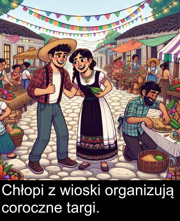 organizują: Chłopi z wioski organizują coroczne targi.