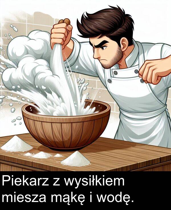 mąkę: Piekarz z wysiłkiem miesza mąkę i wodę.