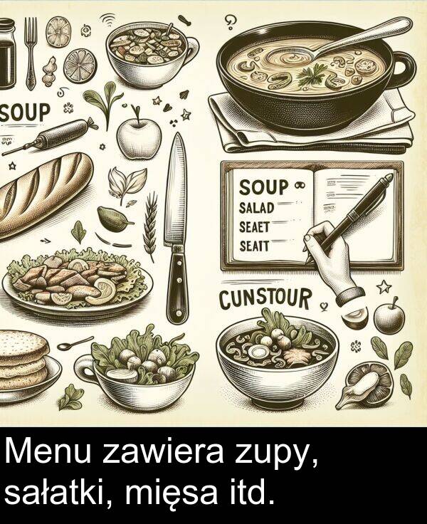 zupy: Menu zawiera zupy, sałatki, mięsa itd.