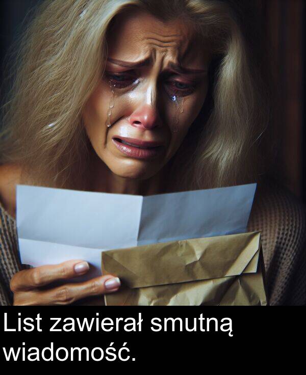 zawierał: List zawierał smutną wiadomość.