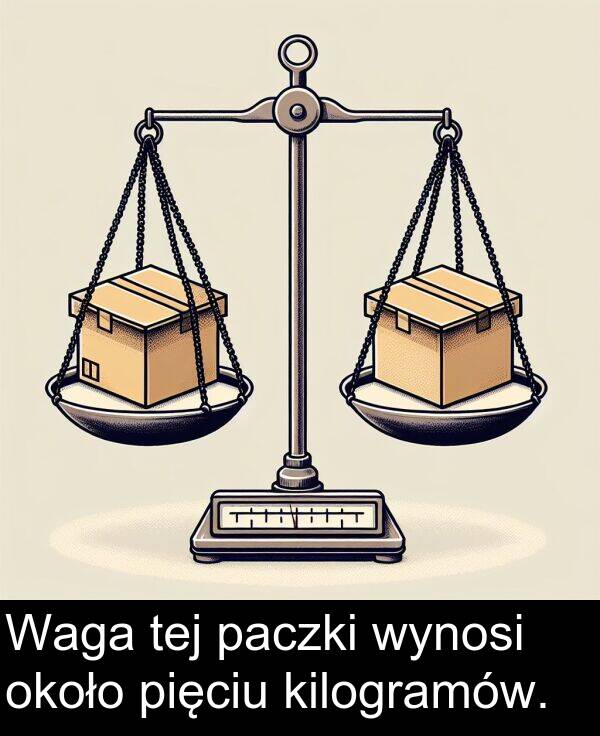 około: Waga tej paczki wynosi około pięciu kilogramów.