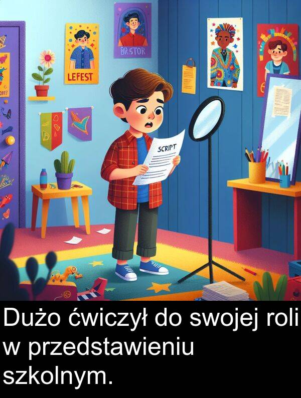 przedstawieniu: Dużo ćwiczył do swojej roli w przedstawieniu szkolnym.