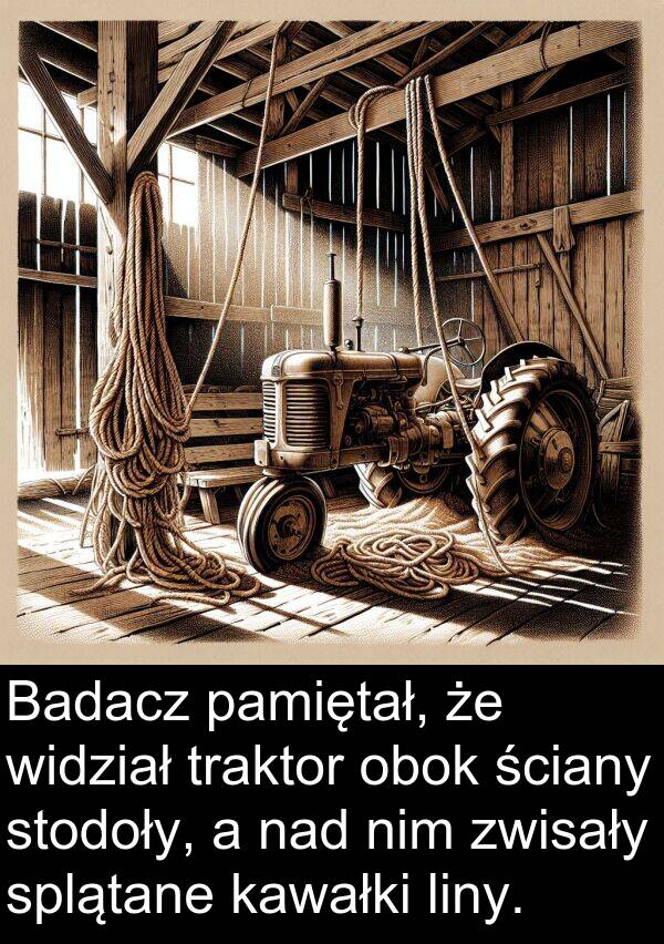 zwisały: Badacz pamiętał, że widział traktor obok ściany stodoły, a nad nim zwisały splątane kawałki liny.