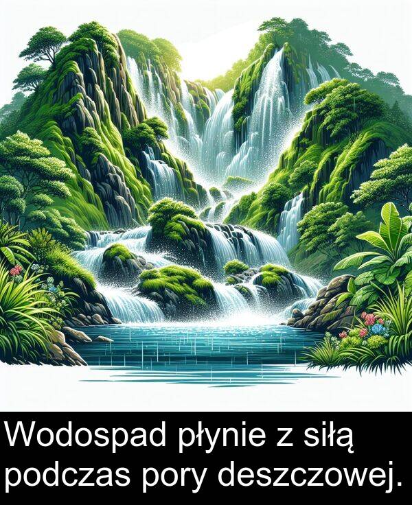 płynie: Wodospad płynie z siłą podczas pory deszczowej.