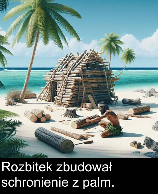 zbudował: Rozbitek zbudował schronienie z palm.