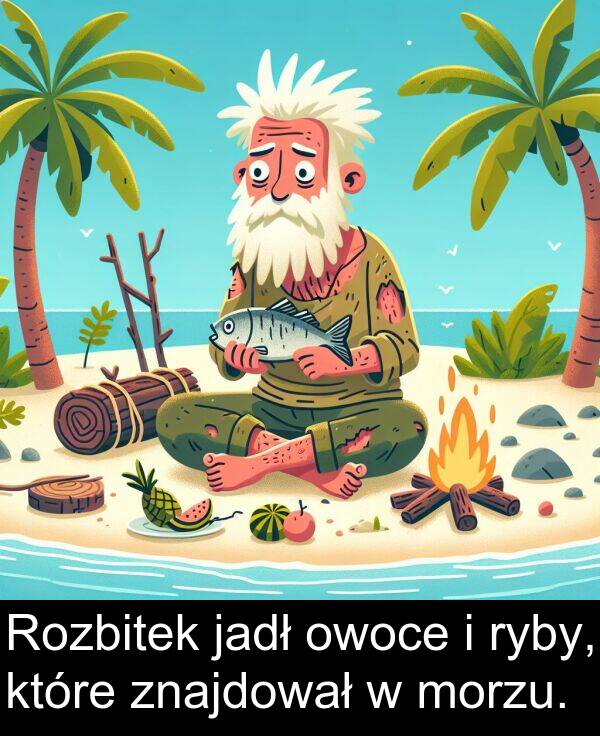 znajdował: Rozbitek jadł owoce i ryby, które znajdował w morzu.