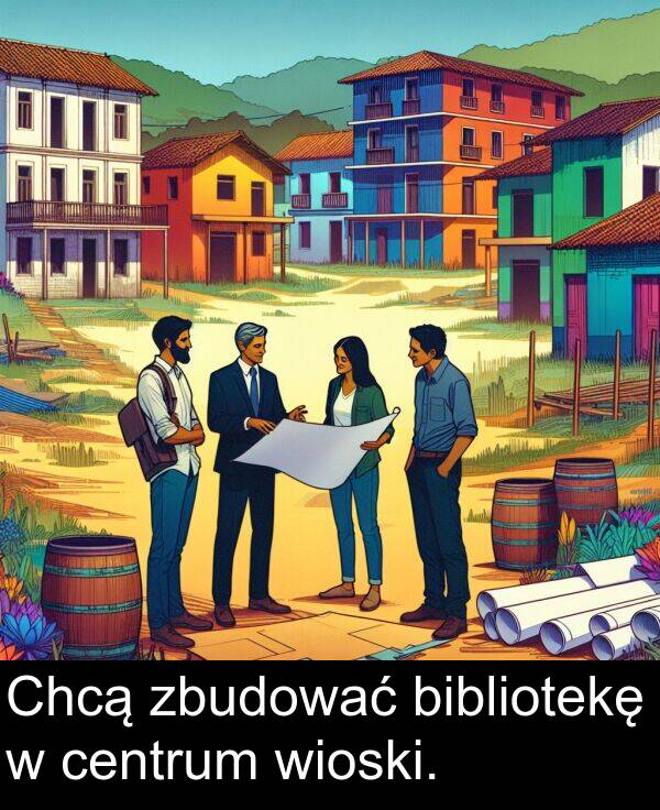zbudować: Chcą zbudować bibliotekę w centrum wioski.