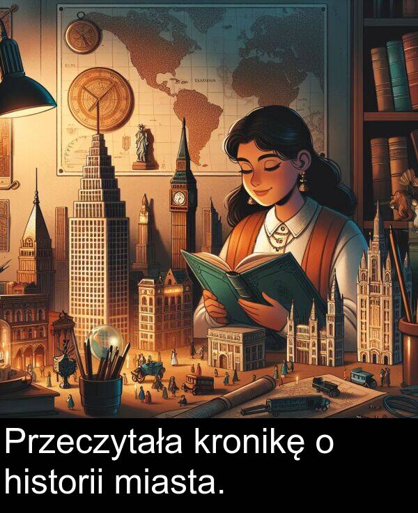 miasta: Przeczytała kronikę o historii miasta.