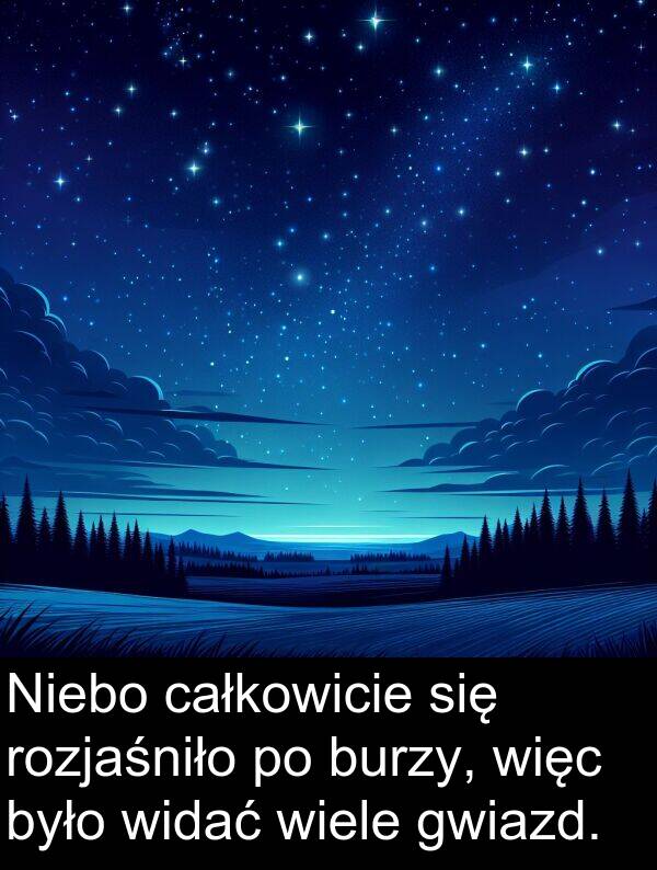 całkowicie: Niebo całkowicie się rozjaśniło po burzy, więc było widać wiele gwiazd.