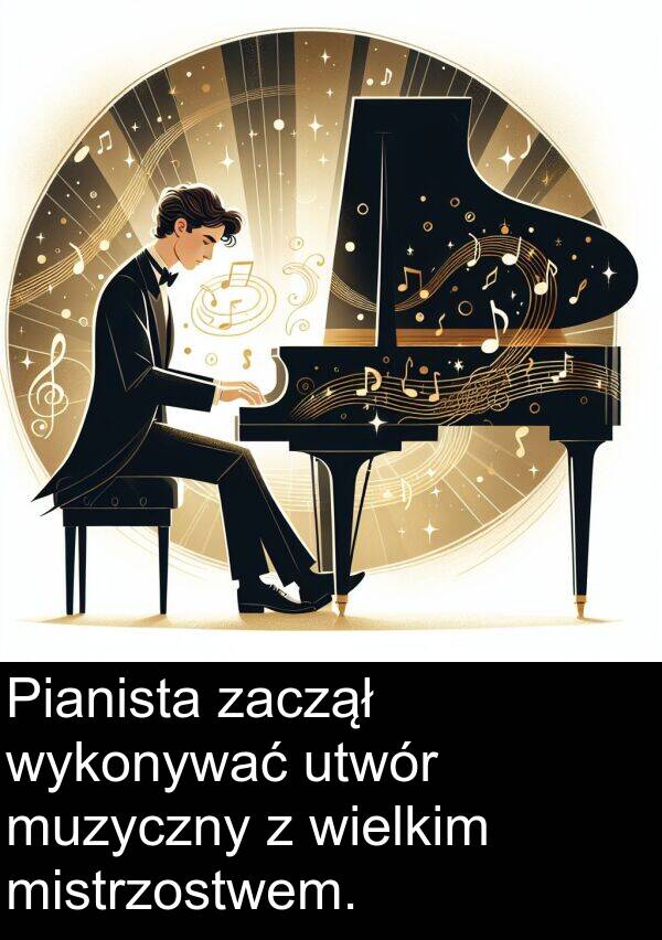 zaczął: Pianista zaczął wykonywać utwór muzyczny z wielkim mistrzostwem.