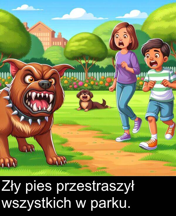pies: Zły pies przestraszył wszystkich w parku.