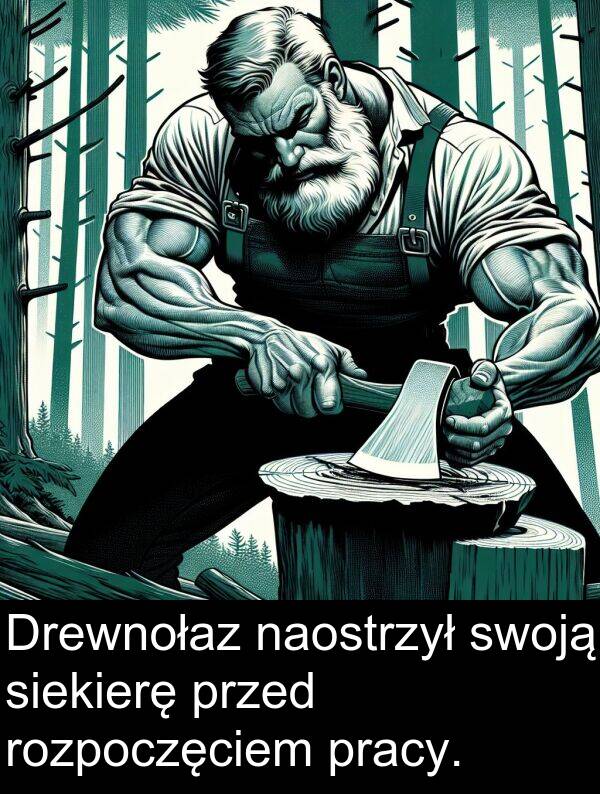 przed: Drewnołaz naostrzył swoją siekierę przed rozpoczęciem pracy.