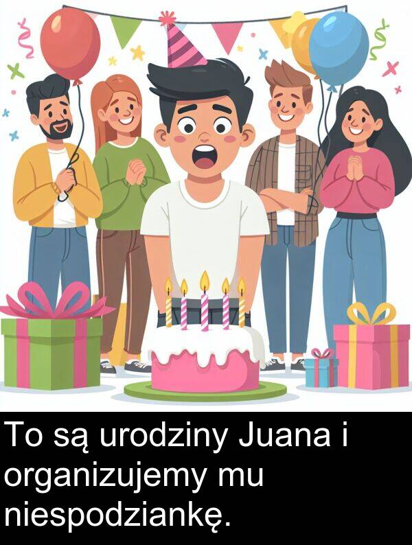 niespodziankę: To są urodziny Juana i organizujemy mu niespodziankę.
