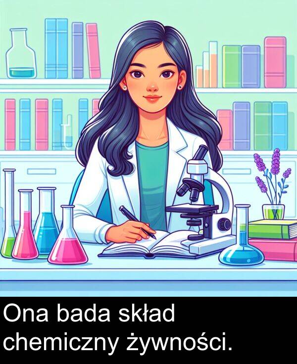 żywności: Ona bada skład chemiczny żywności.