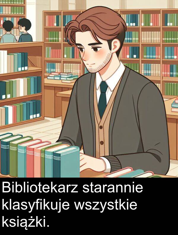 książki: Bibliotekarz starannie klasyfikuje wszystkie książki.