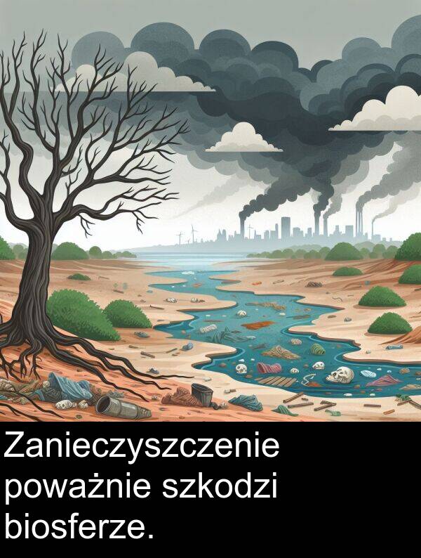 szkodzi: Zanieczyszczenie poważnie szkodzi biosferze.