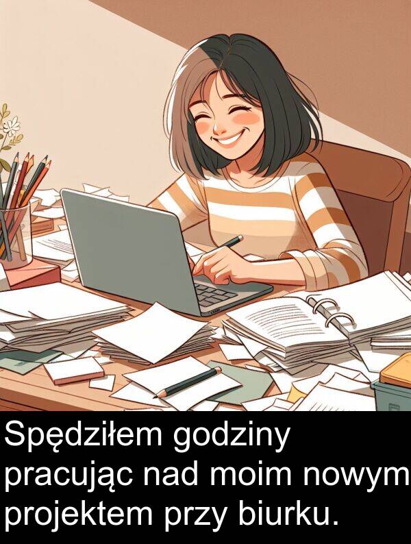 projektem: Spędziłem godziny pracując nad moim nowym projektem przy biurku.
