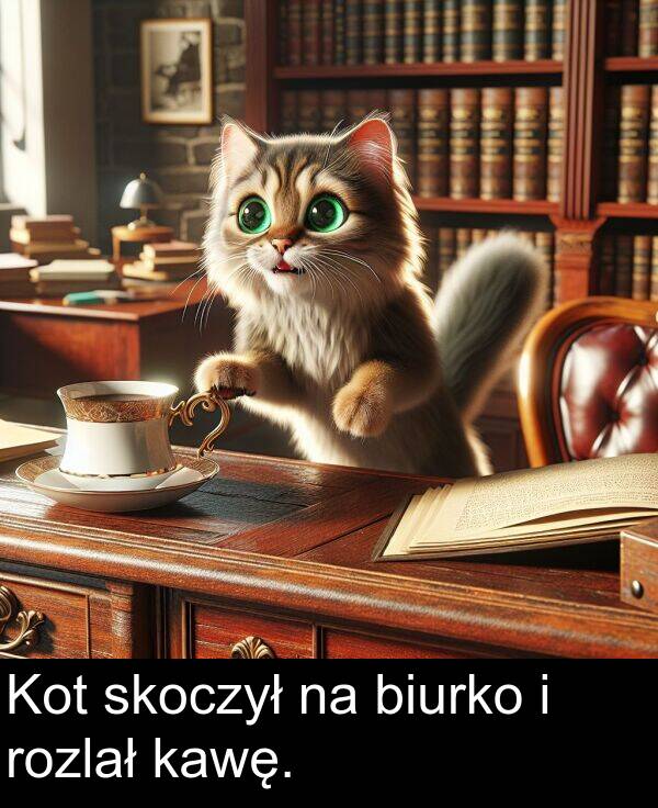 kawę: Kot skoczył na biurko i rozlał kawę.