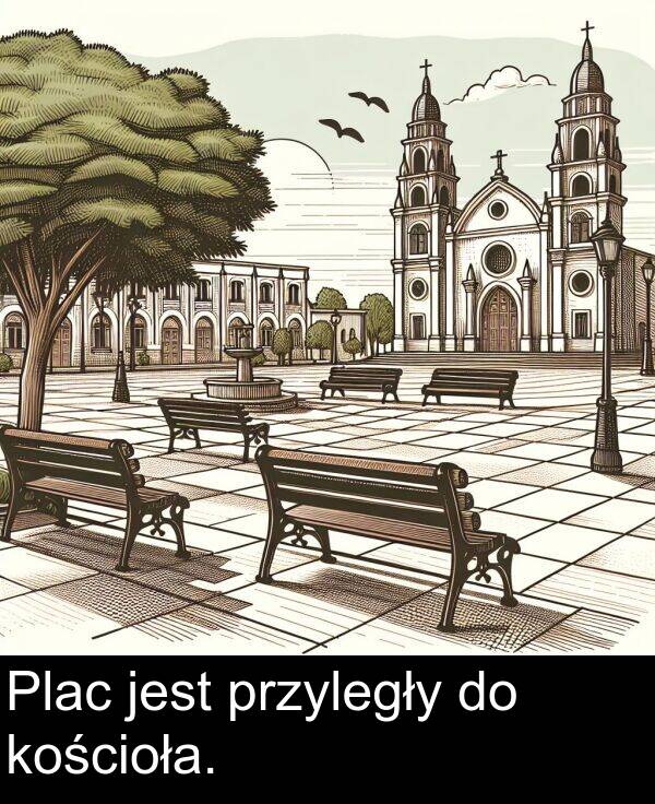 przyległy: Plac jest przyległy do kościoła.
