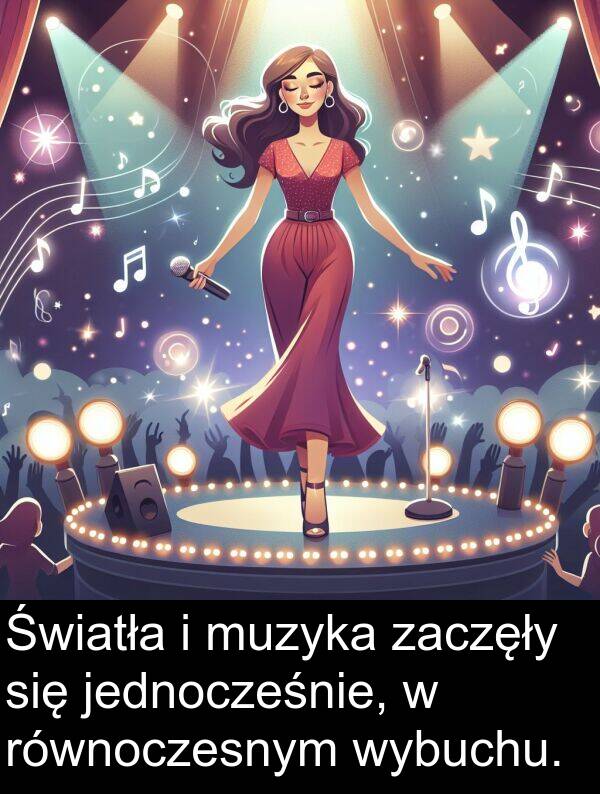 zaczęły: Światła i muzyka zaczęły się jednocześnie, w równoczesnym wybuchu.